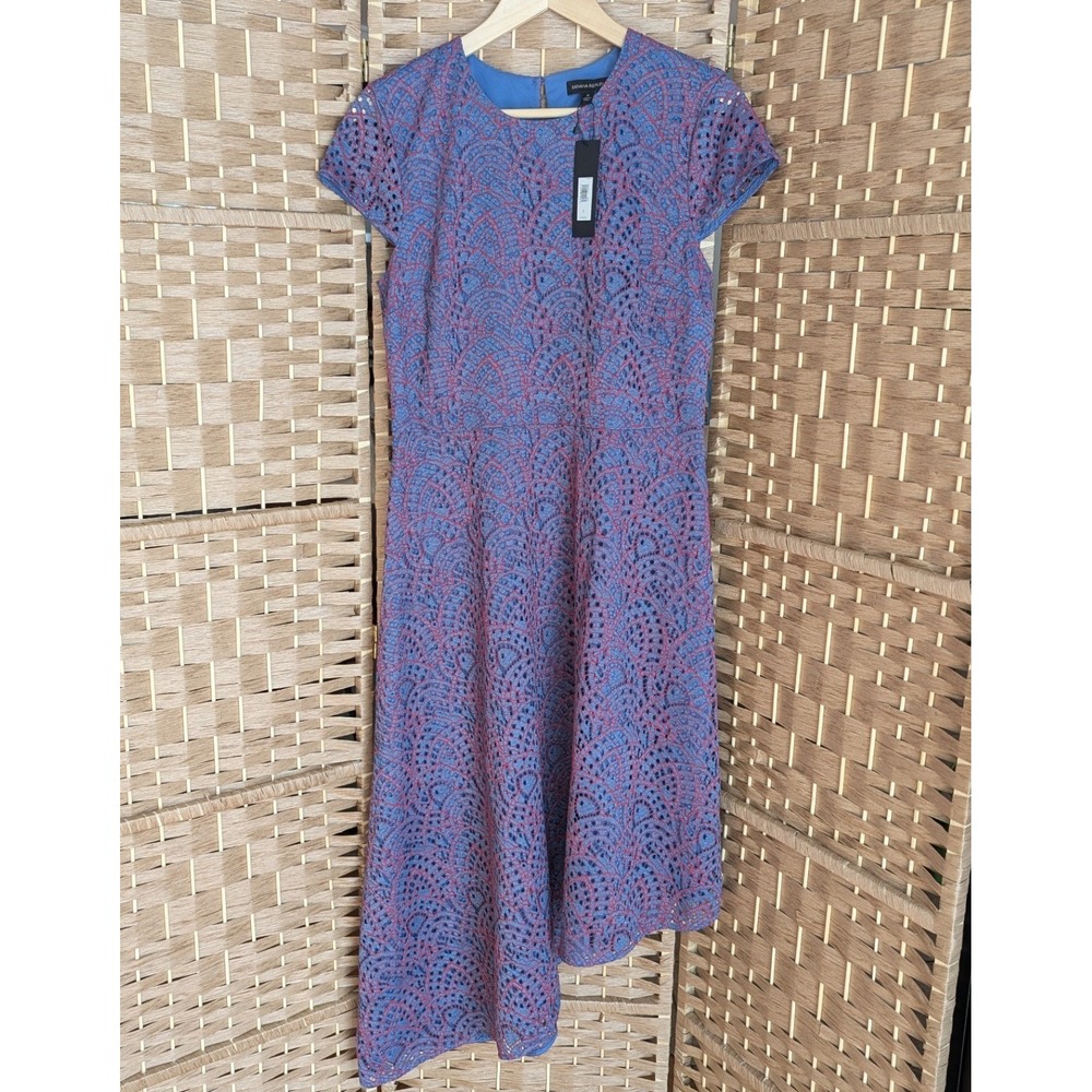 Banana Republic Blue Red Eyelet Lace Cap Sleeve‎ Asymmetric Hem Midi Dress Sz 8